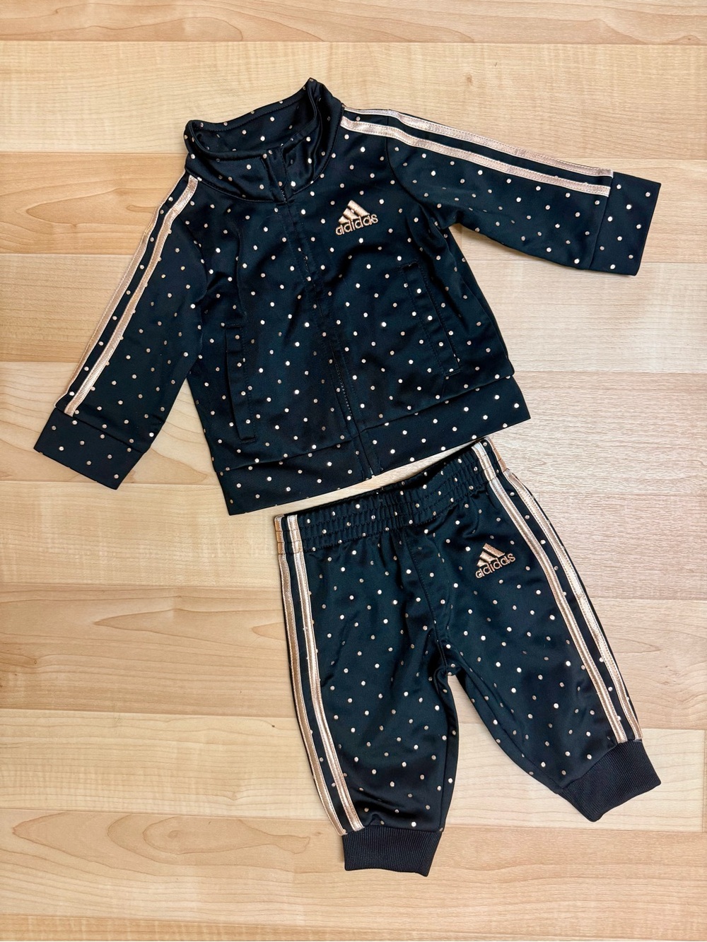 Adidas Baby Track Suit Set 3M Black Rose Gold Polka Dot